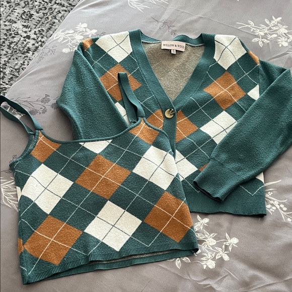 Willow & Root Women's Argyle Cardigan and Tank Set - Teal, White, and Brown - Picture 1 of 2